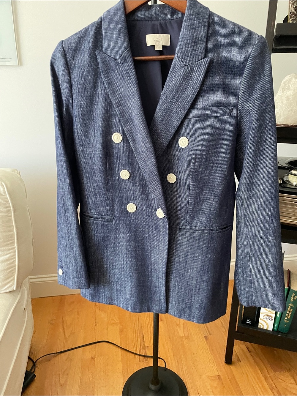 LOFT Double-Breasted Denim-Look Navy Blazer with White Buttons